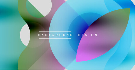 Abstract colorful shapes overlap. Gradient hues blend, creating dynamic visual effect. Modern design elements present smooth transitions.