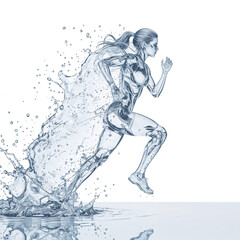 Dynamic hydro woman sprinter gracefully moves through water on a transparent canvas of possibilities