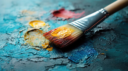 Fototapeta premium Create a vibrant artistic expression with this stunning textured paint and paintbrush background. Perfect for art designs.