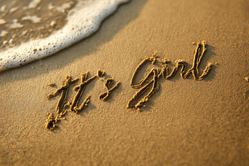 It’s a Girl Handwritten in Wet Beige Sand with Minimalist One-Line Parent Kissing Newborn Beside Words and Gentle Ocean Wave for Sweet Baby Announcement in Horizontal Layout