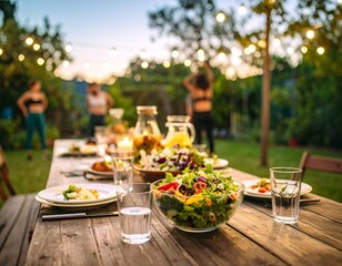 Fresh salad and water on a wooden table in a after park