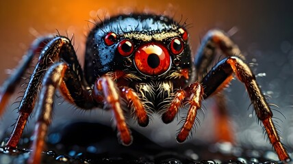 Close-up image of a spider with striking red eyes and glistening details