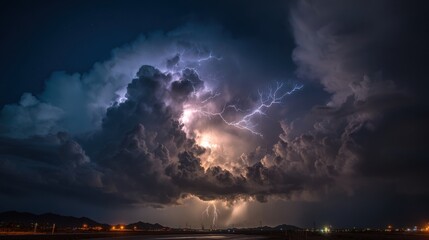 A powerful thunderstorm illuminates the night sky with bright flashes of lightning, surrounded by dark, ominous clouds over mountainous terrain. The atmosphere is charged with energy.