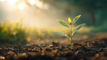 A delicate sprout breaks through rich soil, illuminated by gentle morning light, symbolizing new beginnings and the beauty of nature. The atmosphere is serene and vibrant.