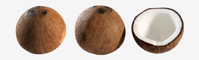 Whole and half coconut showing interior and shel