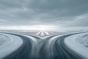 Snowy winter road forks into three paths under a cloudy sky
