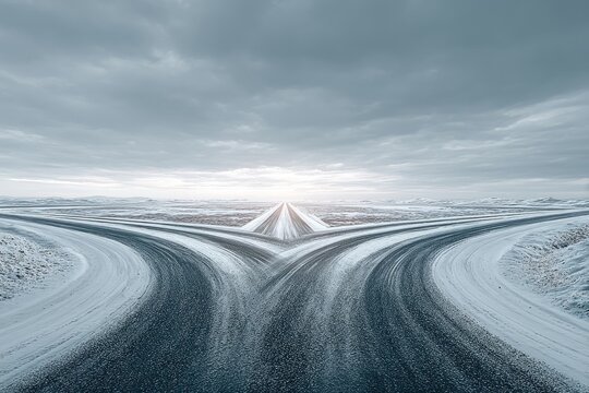 Snowy winter road forks into three paths under a cloudy sky