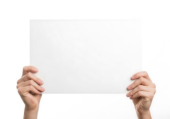 Hands holding a blank white paper sign for message or announcement against a white background
