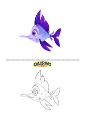 Cute fish illustration and also coloring drawing.