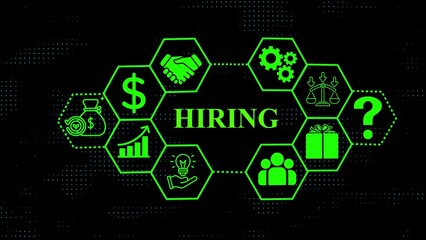 Obraz premium Green hiring process icons and text on black background