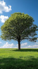 Fototapeta premium Solitary tree stands tall in a grassy field under a vibrant blue sky.