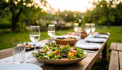 Obraz premium Fresh salad and water on a wooden table in a after park