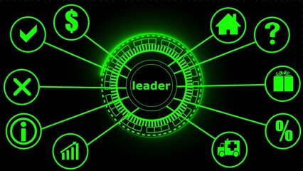Obraz premium Green neon leader diagram with icons on black background