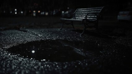 Rainy Night Park Bench with Puddle Reflections