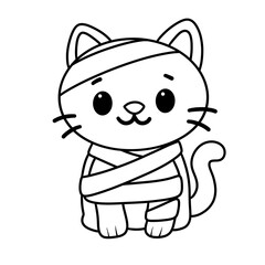 Cute Halloween cat wrapped in a bandage black doodle outline. Mummy cat.