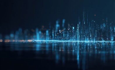 Abstract city skyline, digital, blurred, glowing lights, reflected on dark surface