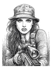 Female Marksman with Sniper Rifle in Natural Landscape Illustration