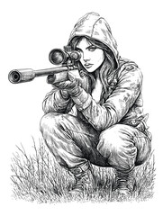 Female Shooter in Camouflage Ready with Sniper Rifle in Landscape