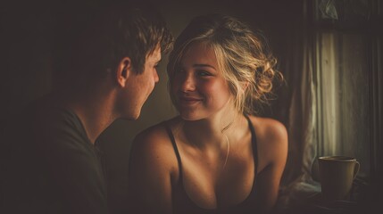 Young couple sharing an intimate moment near a window, soft lighting, romantic mood.