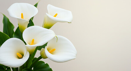 Graceful white Calla Lilies with vibrant yellow accents, perfect for elegant floral displays.

