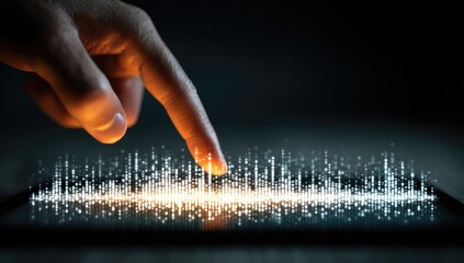 A hand's fingertip interacts with glowing data streams on a tablet