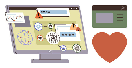 Computer monitor displaying cybersecurity threats with warning signs, global network icon, key, padlock, privacy, and data analysis. Ideal for IT security, internet safety, cyber threats online