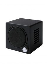 Obraz premium Modern Black Cube Speaker with Silver Volume Knob and Grille Detail, Minimalist Audio Device
