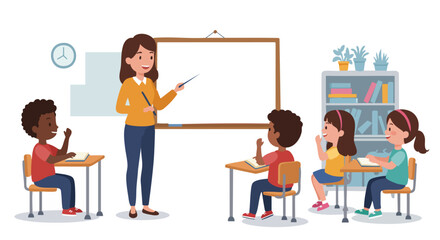 Classroom Scene with Teacher and Curious Students - Flat Vector