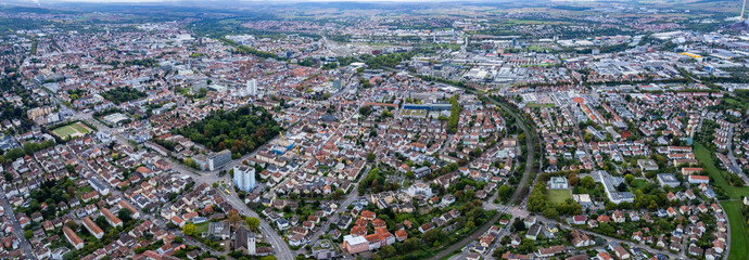 Aerial view around the city Heilbronn in Germany. On a overcast day in spring.