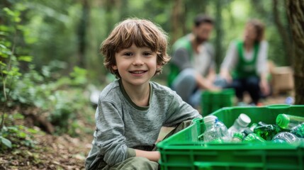 A young boy, sitting among collected plastic bottles, beams with pride as he participates in a forest cleanup activity. Adults gather in the background, promoting environmental care.