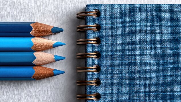 Four blue pencils beside a blue notebook