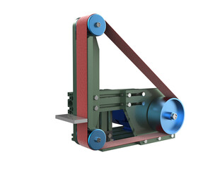Professional Belt Sander Abrasive Polisher: 3D Render of Versatile Grinding and Sharpening Machine for Metalworking, Woodworking, and Industrial Edge Finishing with Transparent Background.