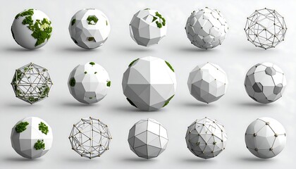 A collection of low-poly globes, some with green landmasses