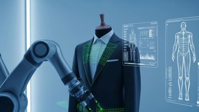 Robotic arms tailoring a bespoke suit on a dress form displaying digital design information in a modern studio environment emphasizing precision technology and innovative automated processes