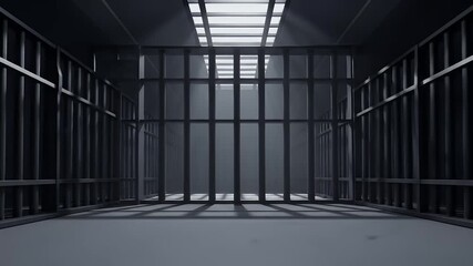 Cartoon empty jail cell with thick bars and cinematic shadows, suitable for animated storytelling video