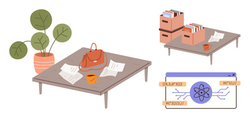 Office desk with papers, organizer boxes, handbag, coffee cup, and indoor plant. Ideal for themes of productivity, organization, creativity, focused work study office setup simple flat metaphor