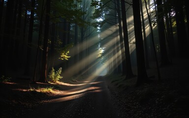 Fototapeta premium Mysterious forest with sunlight streaming through trees.