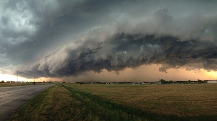 A dramatic sky filled with dark storm clouds looms over a vast field as twilight approaches. The ominous atmosphere suggests heavy rain and strong winds are imminent.