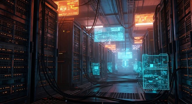 Server Room with Digital Displays - Powered by Adobe