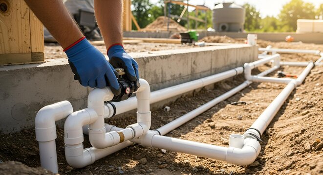 Plumber Installing PVC Pipes for New Home Construction