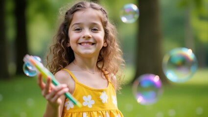 Joyful little girl with curly hair blowing bubbles in a park on a sunny day