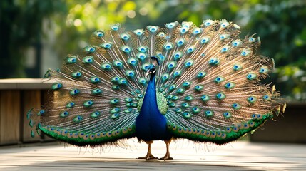 Obraz premium Striking Peacock Displaying Vibrant Feathers in Natural Environment