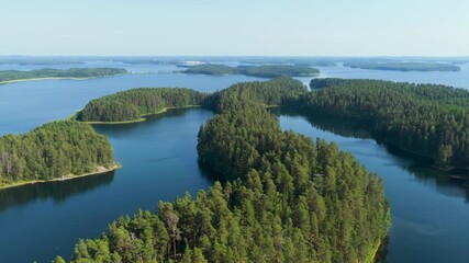 Aerial pull back over the famous Museotie road on lake Saimaa, summer in Finland