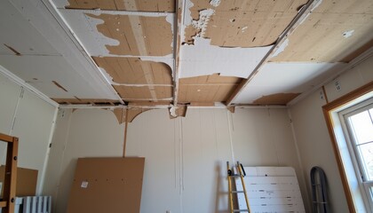 Obraz premium Damaged ceiling with peeling paint and exposed materials in an interior space.