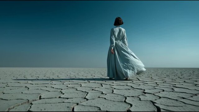 cinematic wide shot from behind of the same elegant woman with straight dark brown hair in a chin-length bob, walking forward through a vast cracked desert landscape, wearing a flowing white silk 