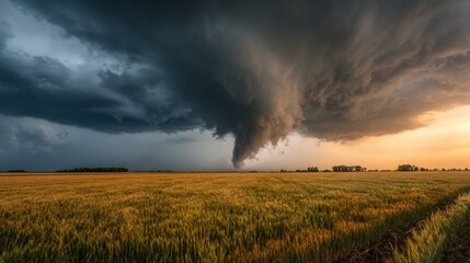 A powerful tornado is descending from dark storm clouds, creating a striking contrast against a golden wheat field at sunset. Nature displays its raw power in this rural setting.