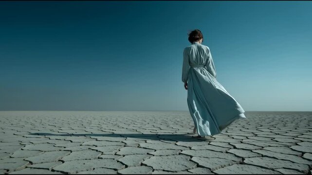 cinematic wide shot from behind of the same elegant woman with straight dark brown hair in a chin-length bob, walking forward through a vast cracked desert landscape, wearing a flowing white silk 