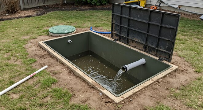 Stormwater Retention Basin with Open Hatch in Residential Backyard