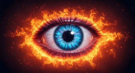 Fiery Gaze: A vibrant eye blazes with an enchanting, burning aura. The iris's captivating blue contrasts sharply with the fiery energy that surrounds it. A striking visual metaphor.