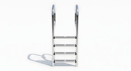 A clean, minimalist shot of a stainless steel pool ladder with four steps, casting a soft shadow on a white surface.